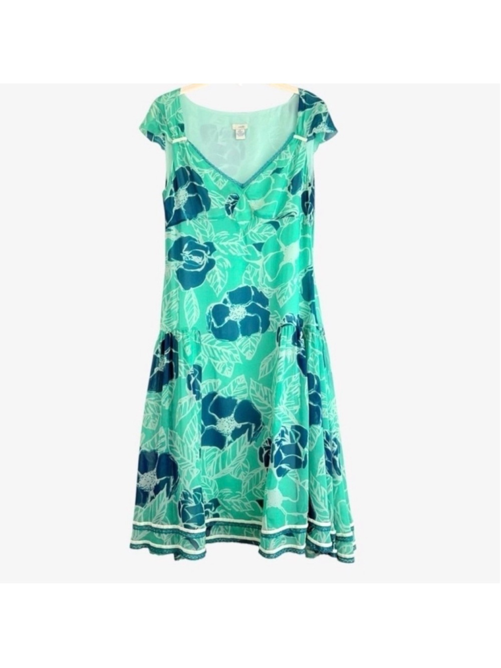 90s Odille Silk Dress Drop Waist 6 Teal Floral Velvet Lace Y2K Whimsigoth